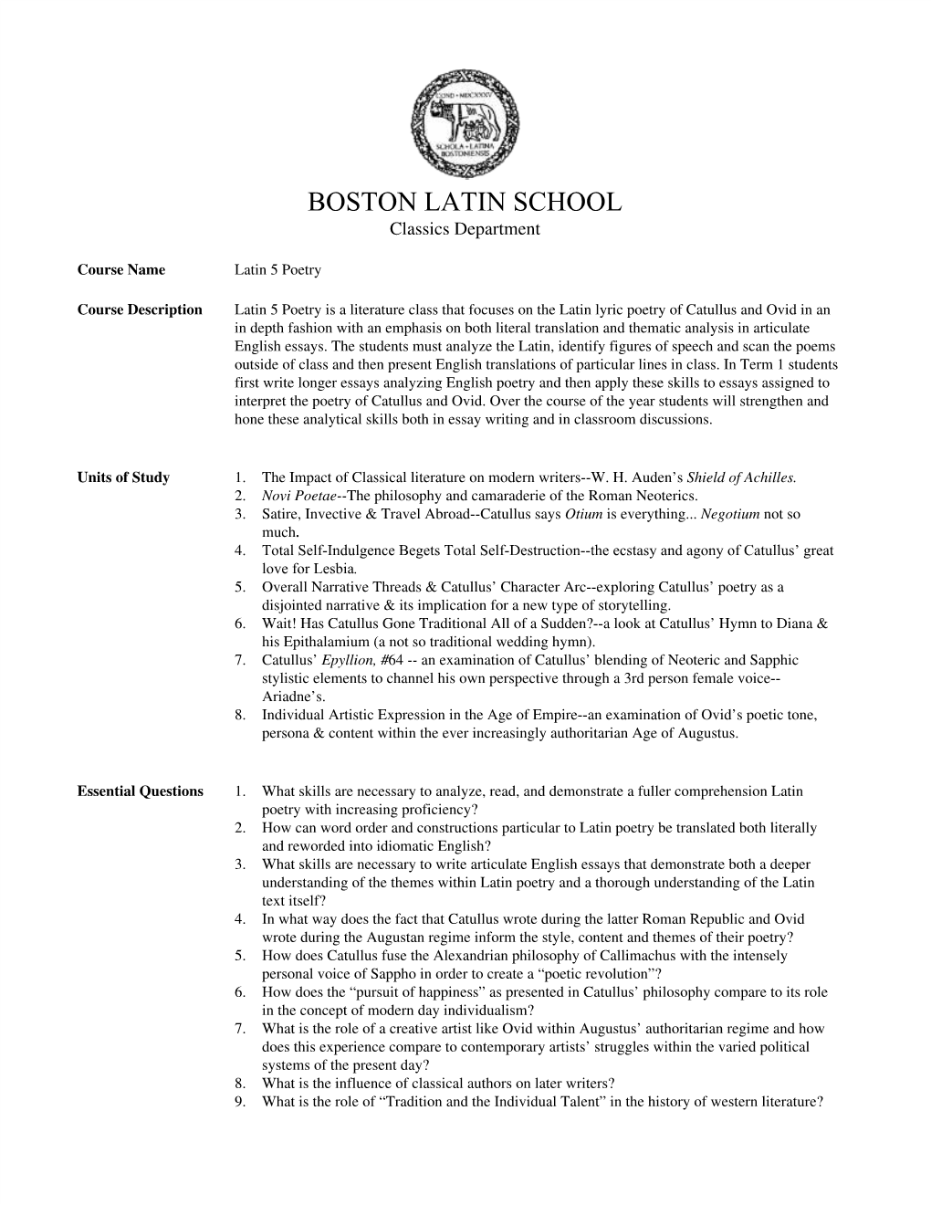 BOSTON LATIN SCHOOL Classics Department