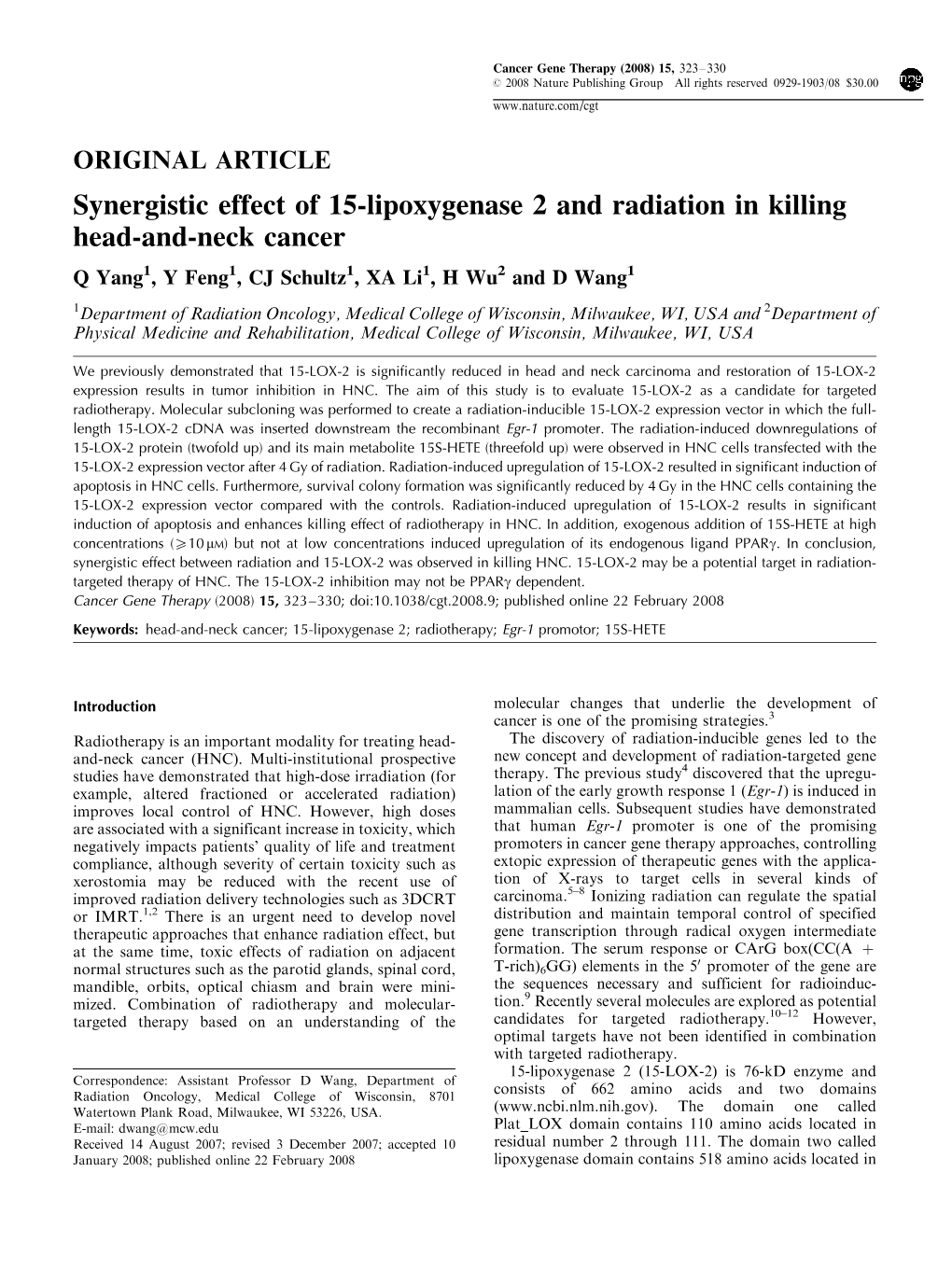 Synergistic Effect of 15-Lipoxygenase 2 and Radiation in Killing Head-And