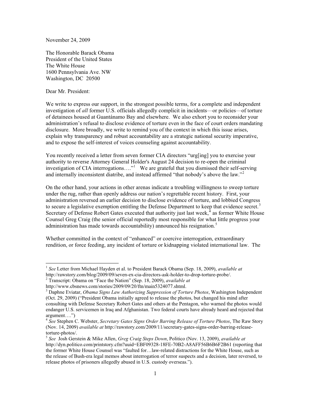 Coalition Letter to President Obama on Torture and Transparency