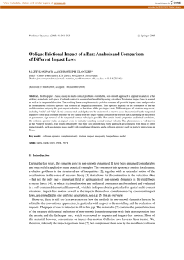 Oblique Frictional Impact of a Bar: Analysis and Comparison of Different Impact Laws