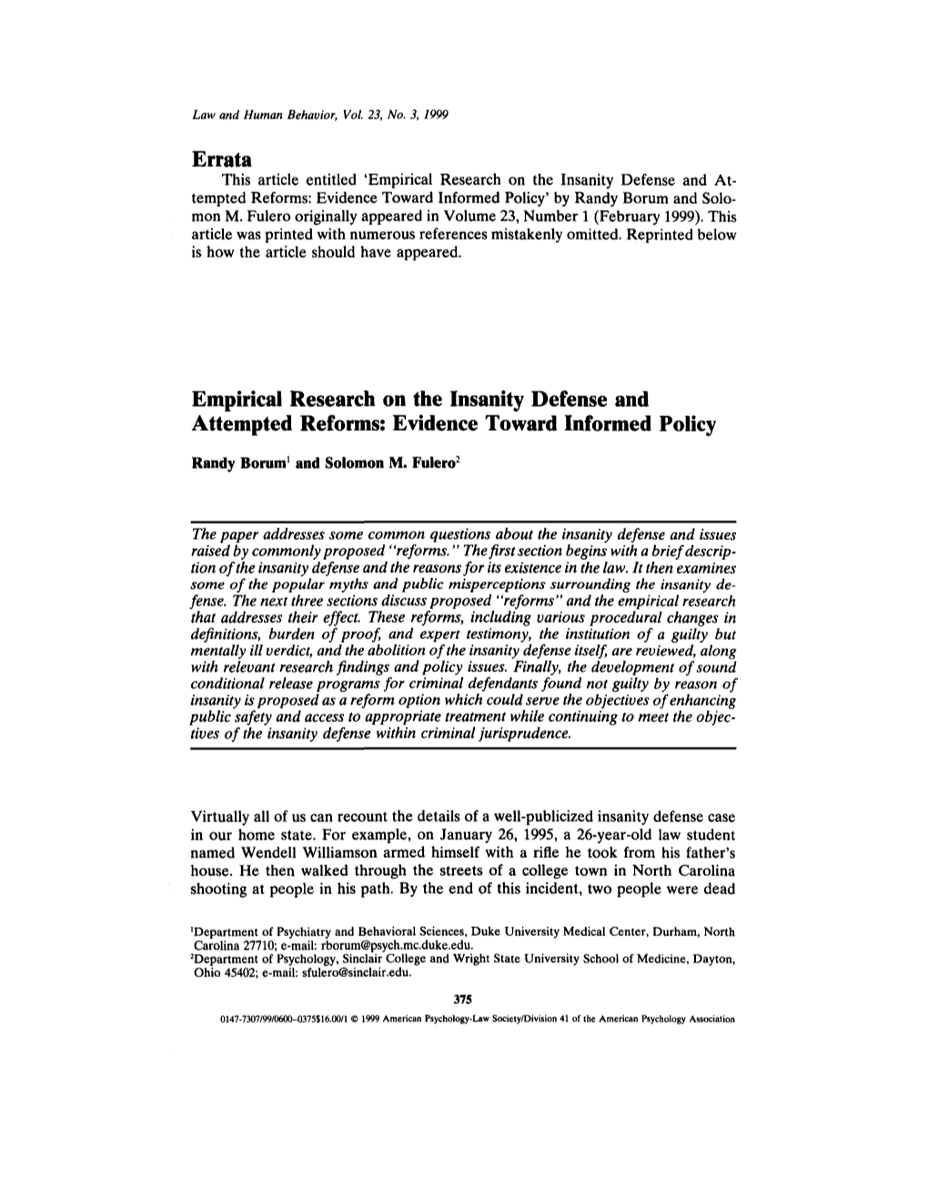 Empirical Research on the Insanity Defense and Attempted Reforms: Evidence Toward Informed Policy