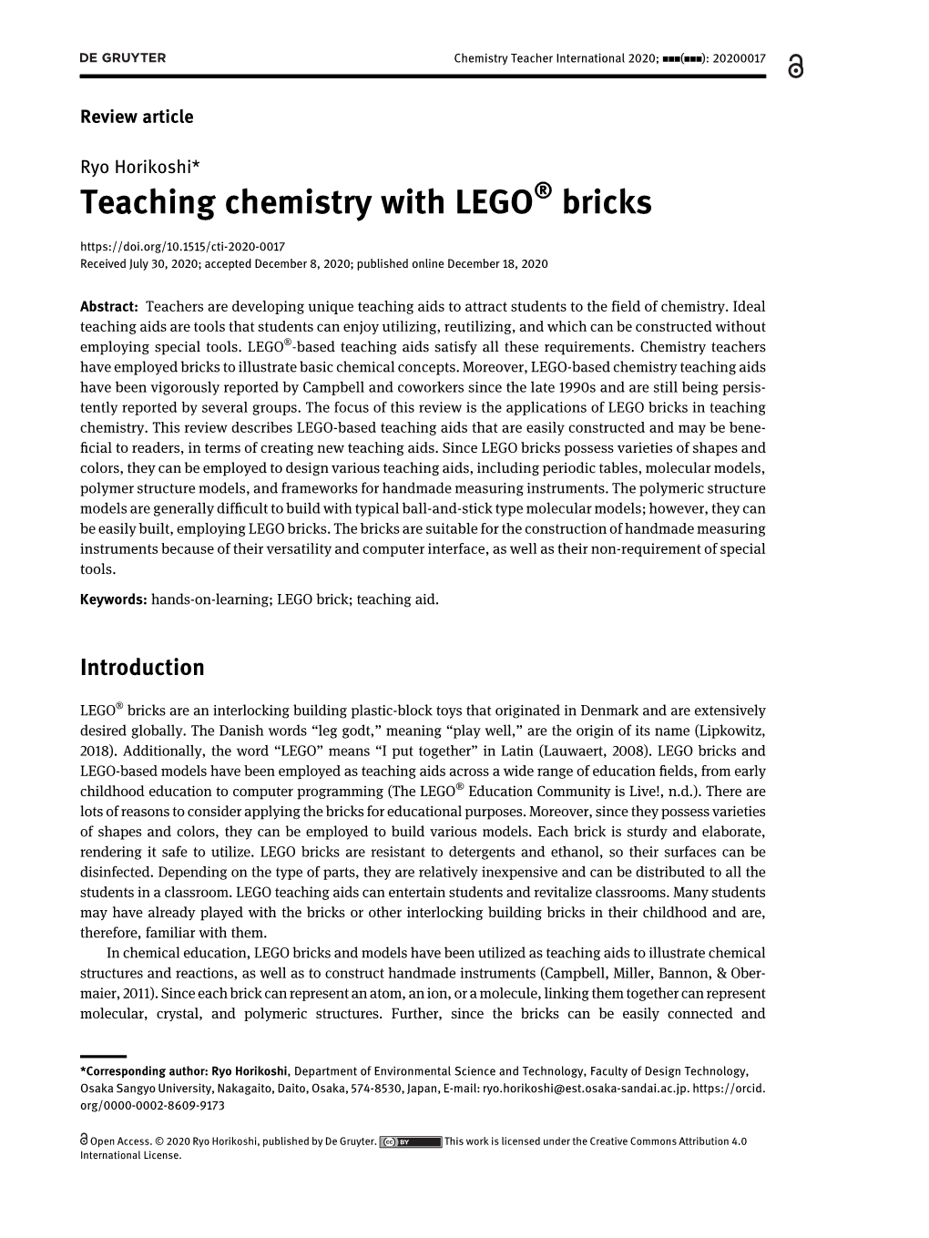 Chemistry Teacher International 2020; ▪▪▪(▪▪▪): 20200017