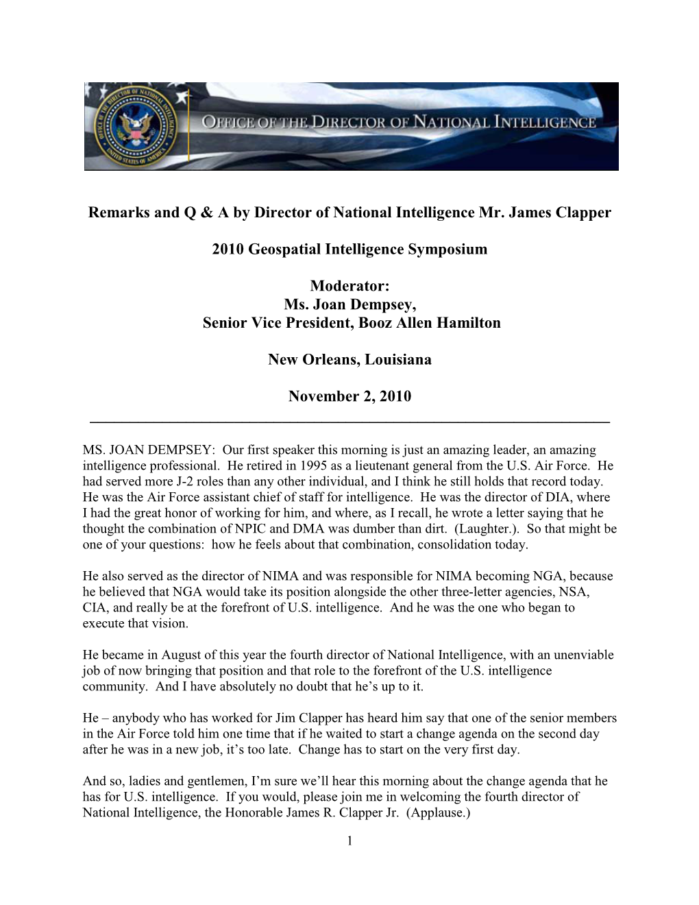 DNI James Clapper Addresses the Geospatial Intelligence Symposium