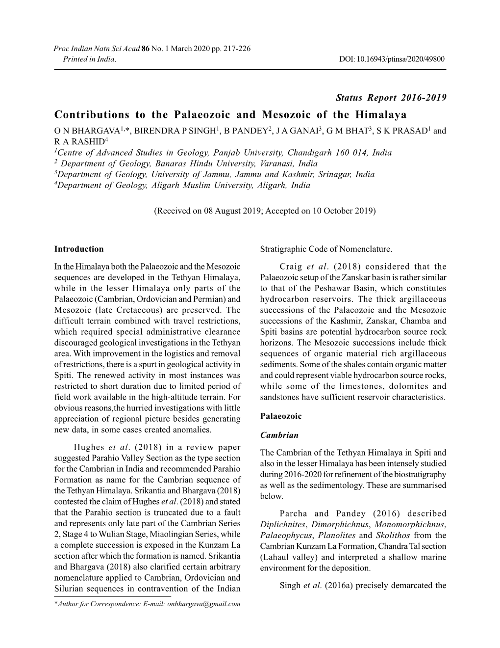 Contributions to the Palaeozoic and Mesozoic of the Himalaya