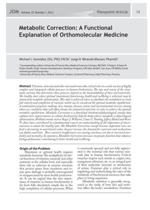 Metabolic Correction: a Functional Explanation of Orthomolecular Medicine