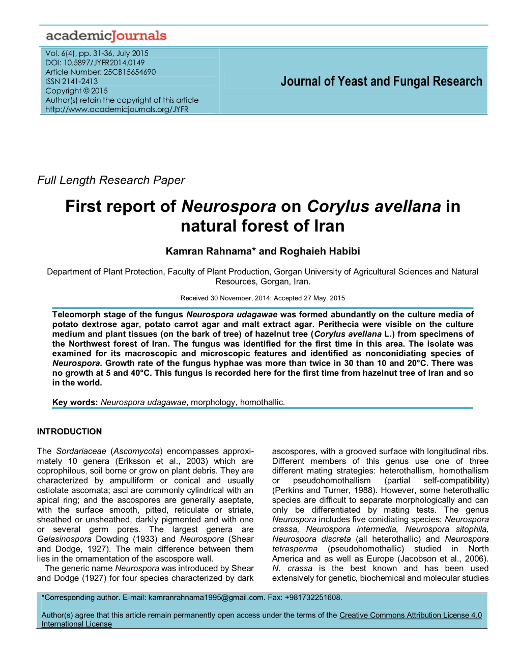 First Report of Neurospora on Corylus Avellana in Natural Forest of Iran