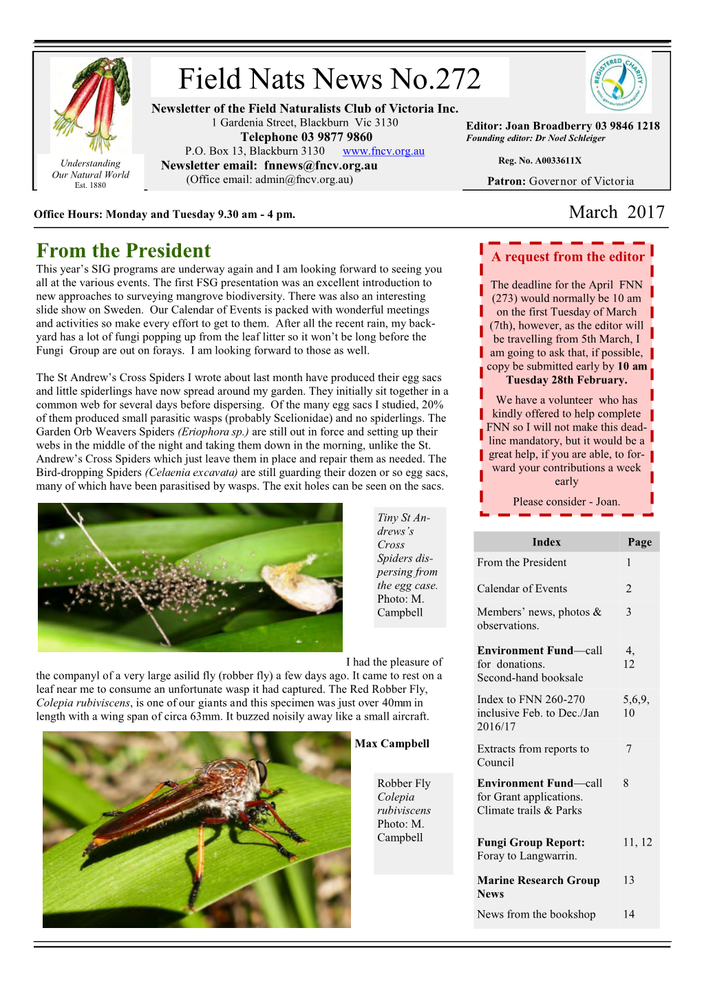 Field Nats News No.272 Newsletter of the Field Naturalists Club of Victoria Inc