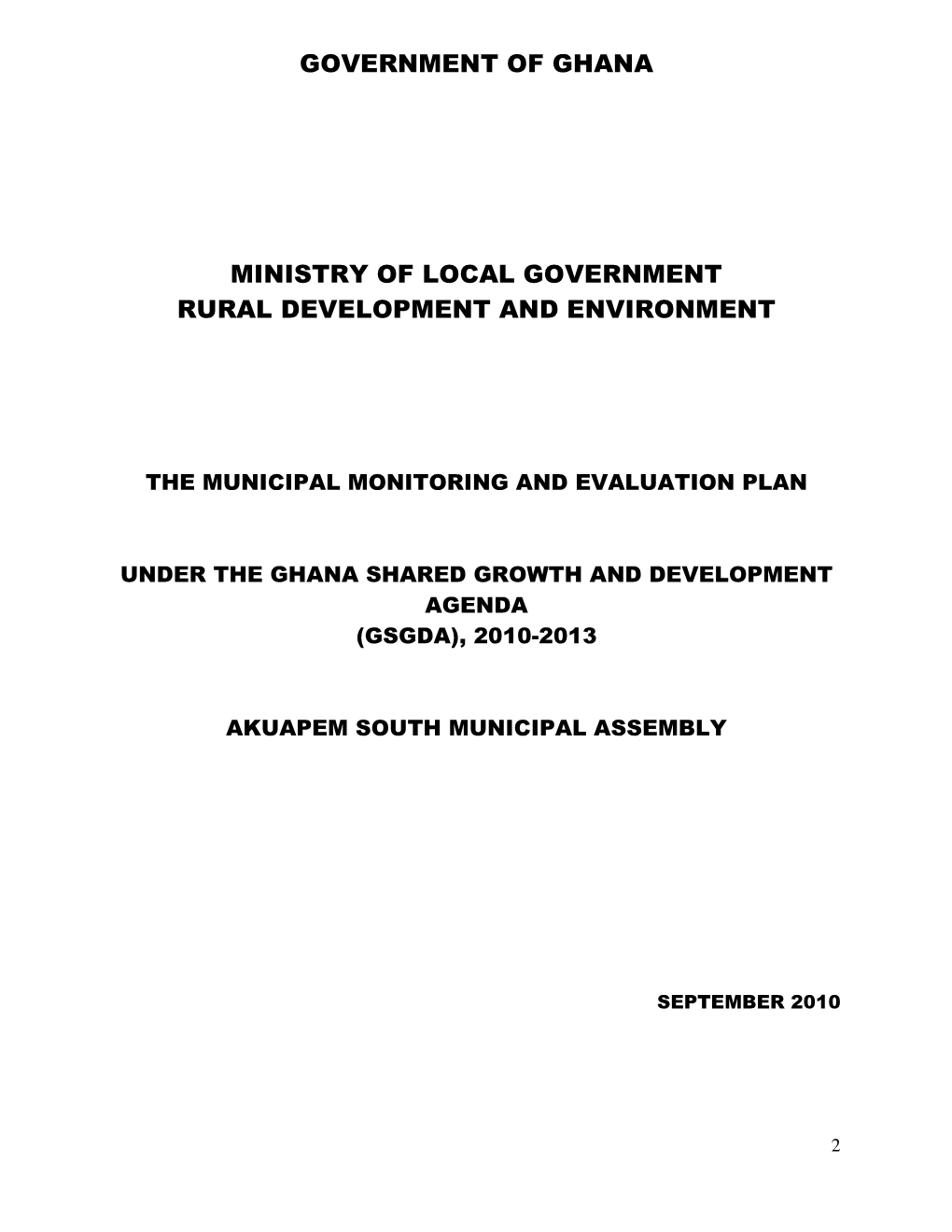 Government of Ghana Ministry of Local Government Rural Development And