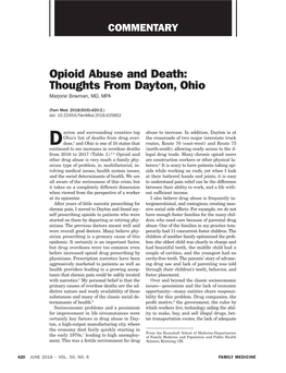 Opioid Abuse and Death: Thoughts from Dayton, Ohio Marjorie Bowman, MD, MPA
