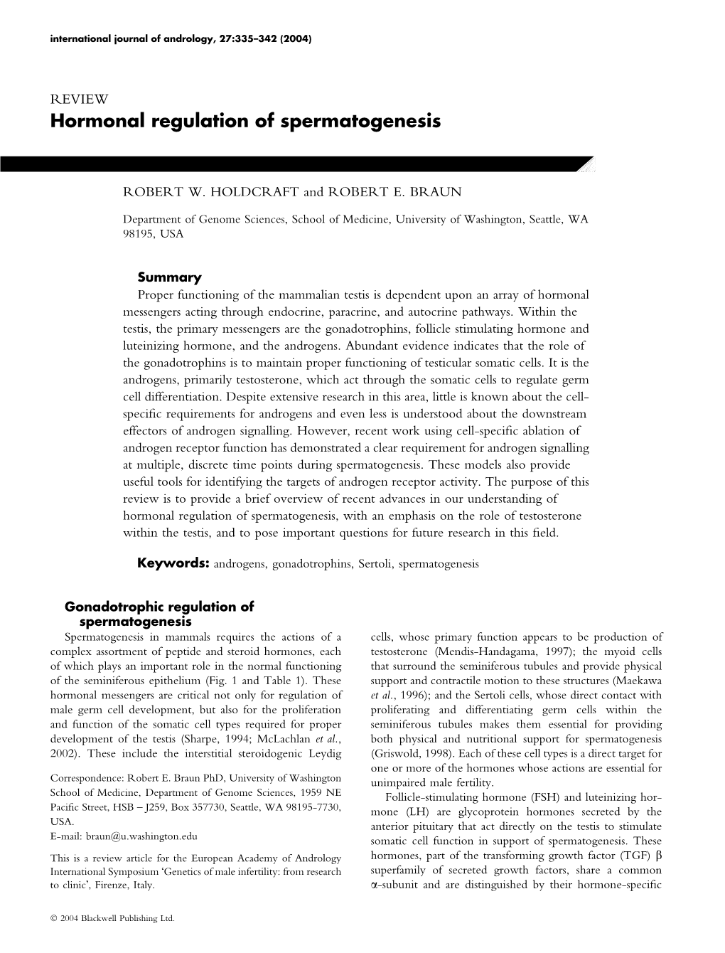 Hormonal Regulation of Spermatogenesis