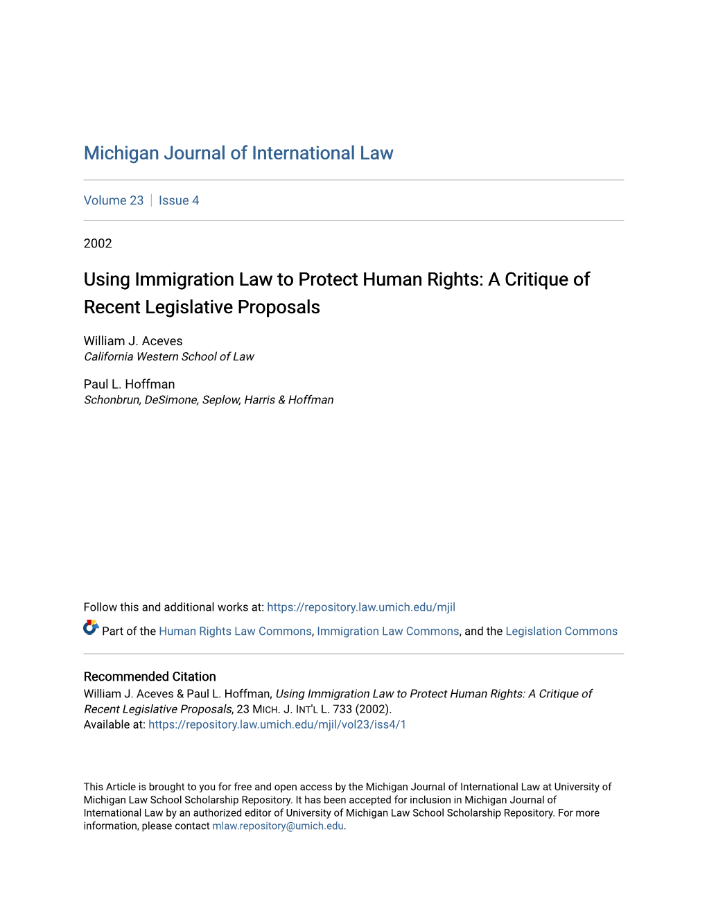 Using Immigration Law to Protect Human Rights: a Critique of Recent Legislative Proposals