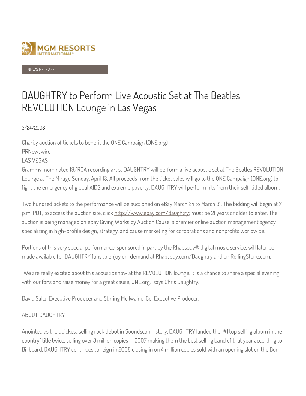 DAUGHTRY to Perform Live Acoustic Set at the Beatles REVOLUTION Lounge in Las Vegas