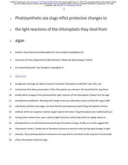 Photosynthetic Sea Slugs Inflict Protective Changes to the Light