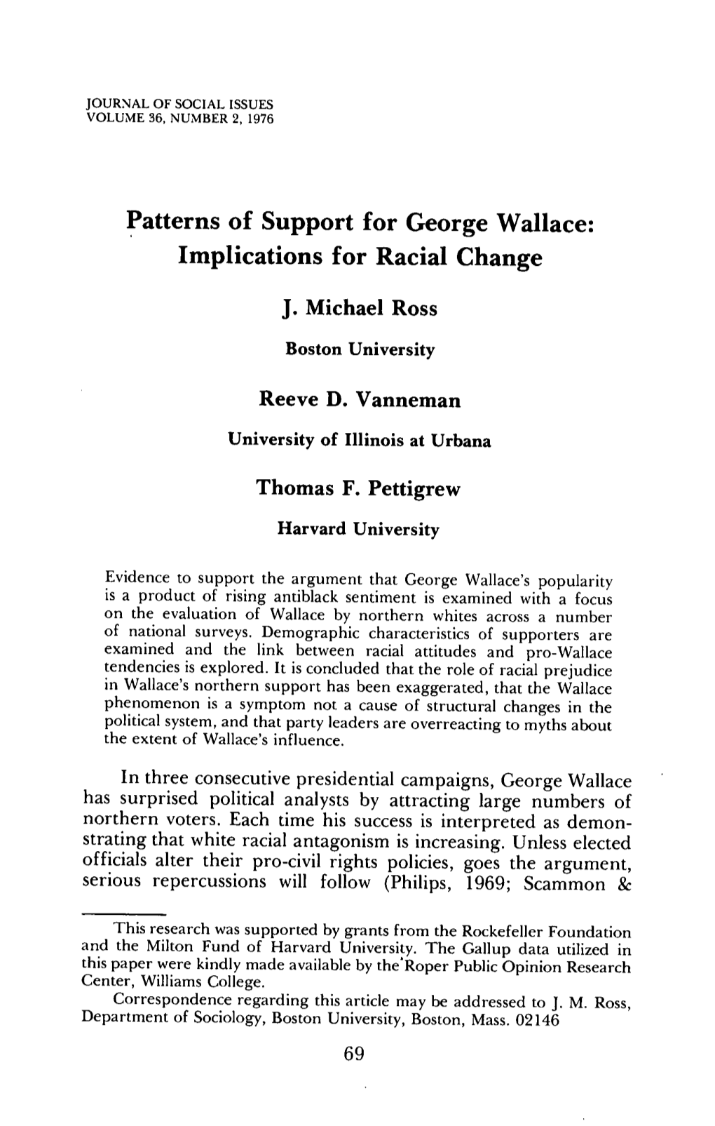 Patterns of Support for George Wallace: Implications for Racial Change J