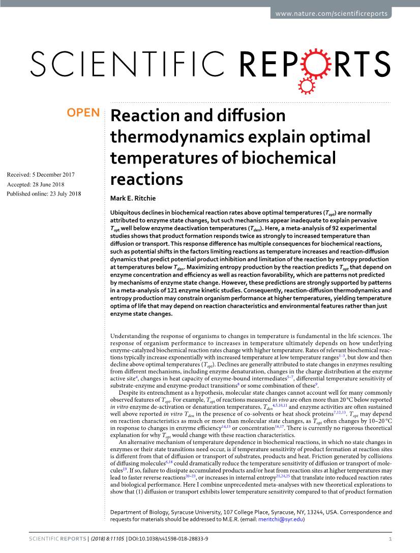 Reaction and Diffusion Thermodynamics Explain Optimal