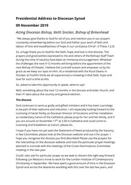 Presidential Address to Diocesan Synod 09 November 2019 Acting Diocesan Bishop, Keith Sinclair, Bishop of Birkenhead