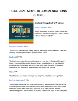 PRIDE 2021: MOVIE RECOMMENDATIONS - (Full List)