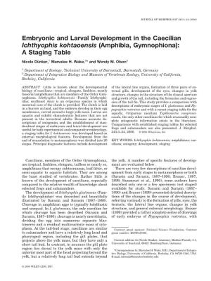 Embryonic and Larval Development in the Caecilian Ichthyophis Kohtaoensis (Amphibia, Gymnophiona): a Staging Table