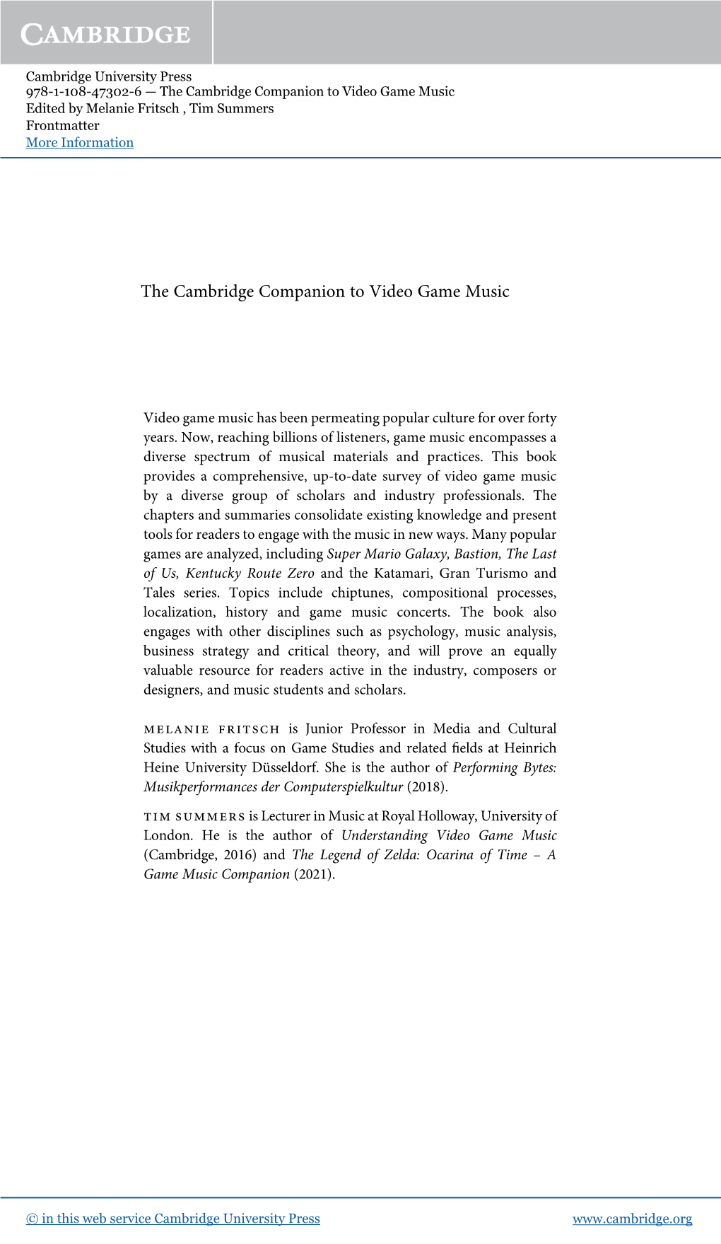 The Cambridge Companion to Video Game Music Edited by Melanie Fritsch , Tim Summers Frontmatter More Information