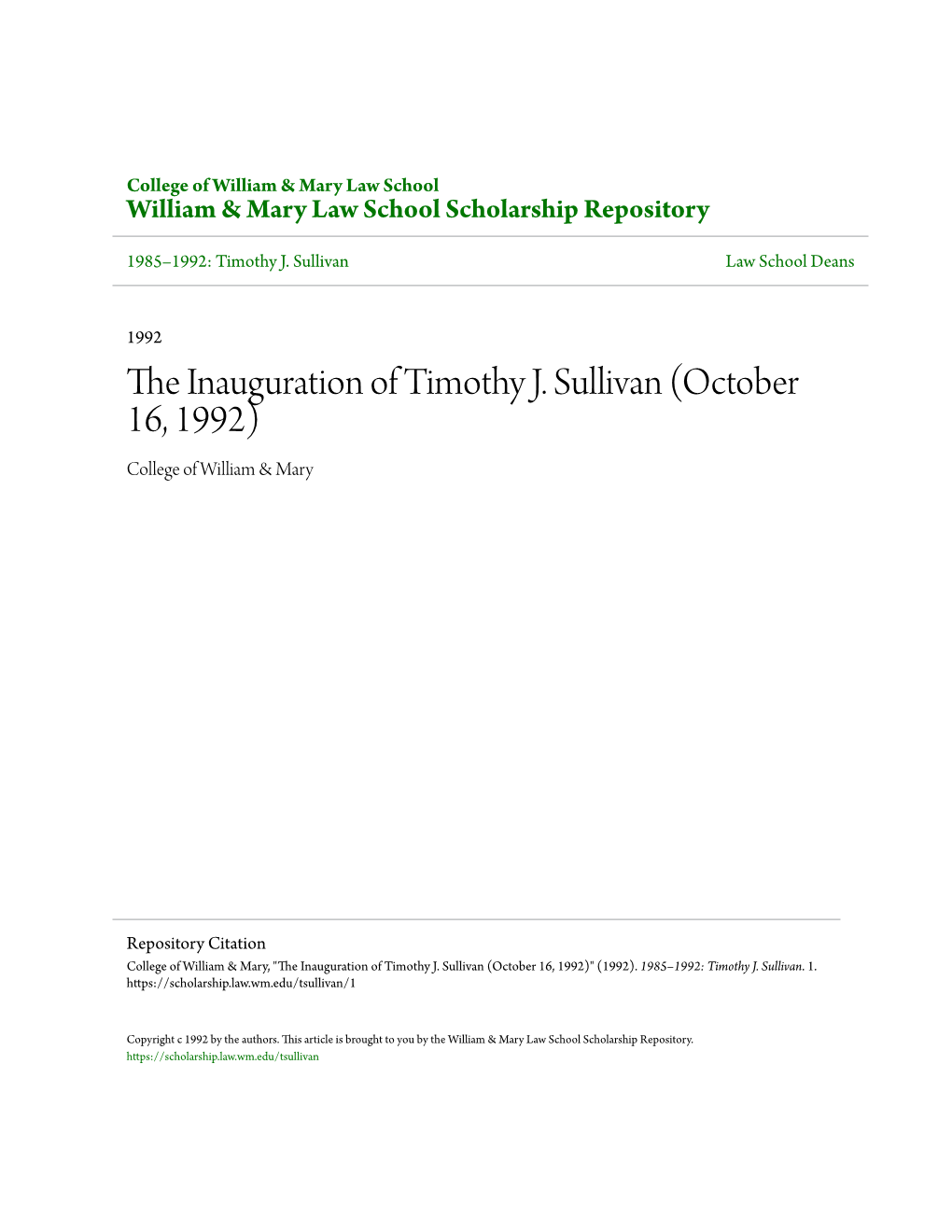 The Inauguration of Timothy J. Sullivan (October 16, 1992)
