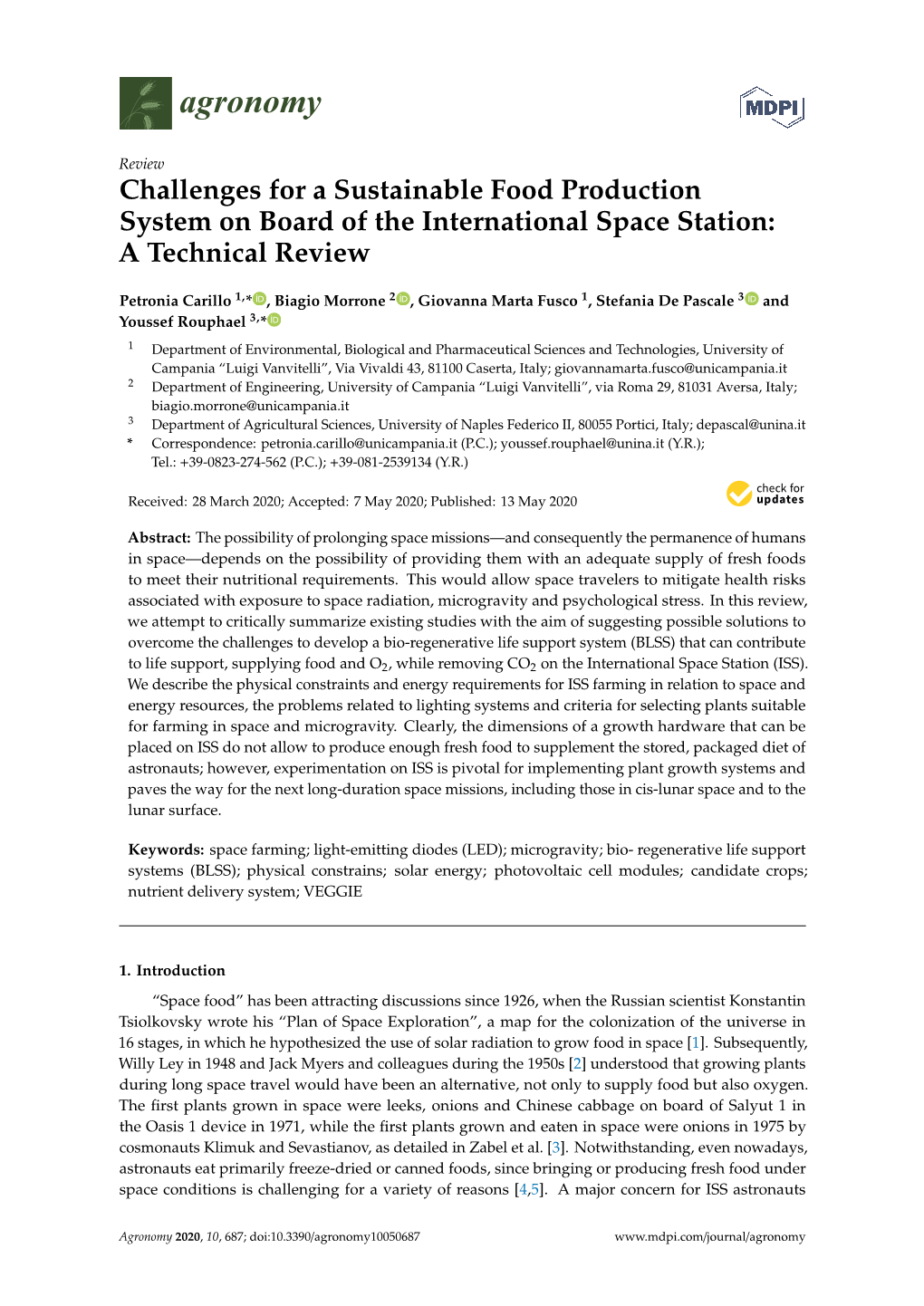 Challenges for a Sustainable Food Production System on Board of the International Space Station: a Technical Review