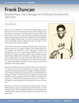 Frank Duncan Baseball Player, Team Manager of the Kansas City Monarchs 1901-1973