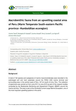 Macrobenthic Fauna from an Upwelling Coastal Area of Peru (Warm Temperate South-Eastern Pacific Province -Humboldtian Ecoregion)