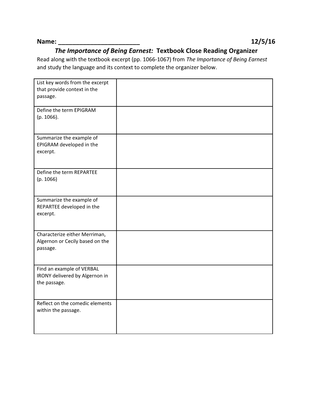 The Importance of Being Earnest: Textbook Close Reading Organizer