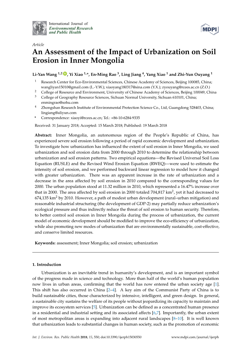 An Assessment of the Impact of Urbanization on Soil Erosion in Inner Mongolia
