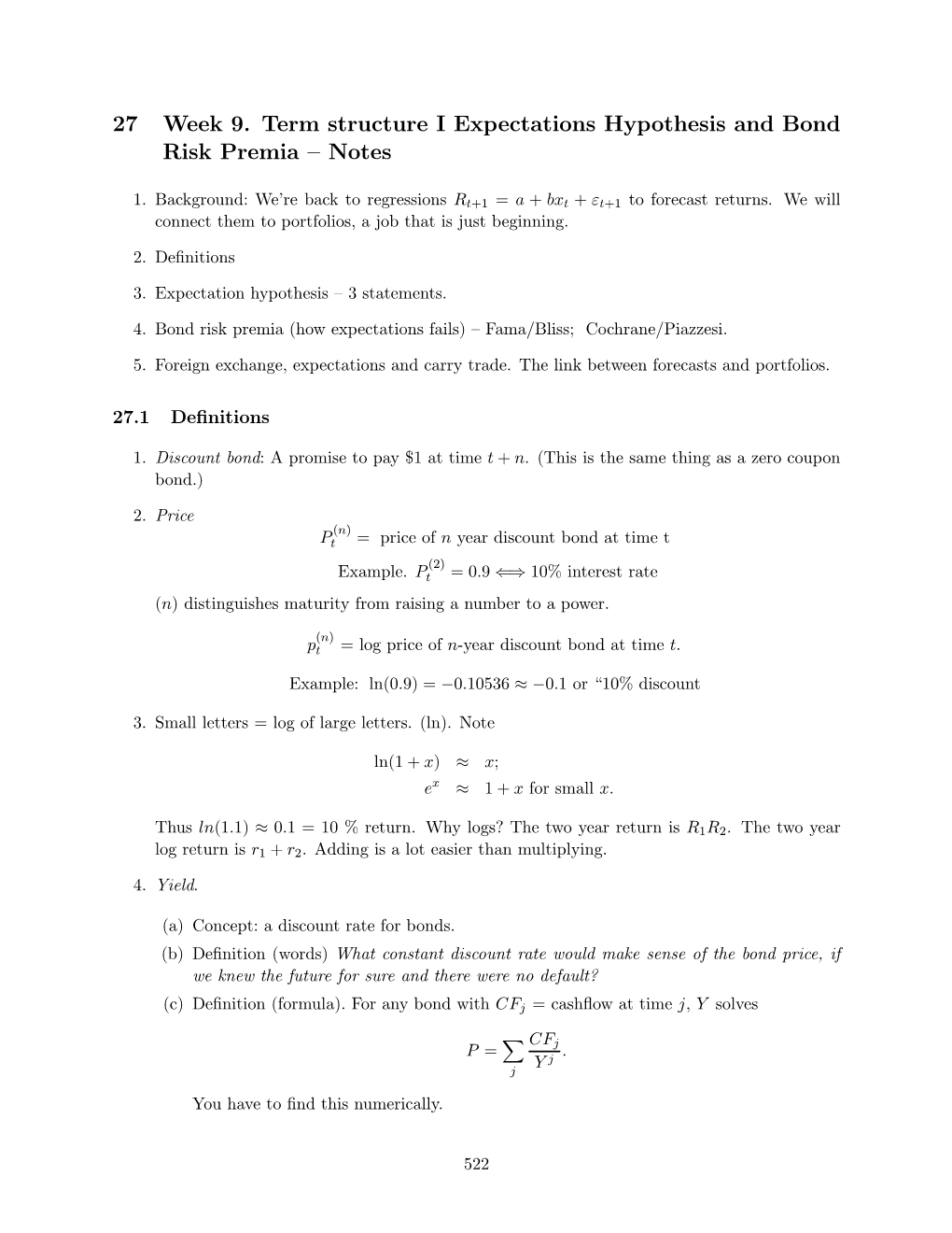 27 Week 9. Term Structure I Expectations Hypothesis and Bond Risk Premia — Notes