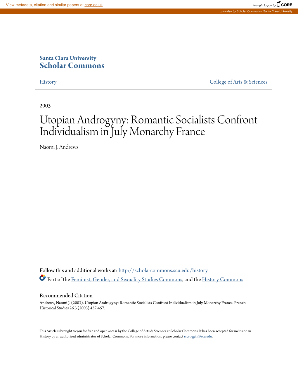 Utopian Androgyny: Romantic Socialists Confront Individualism in July Monarchy France Naomi J