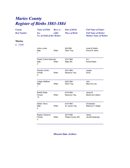 Maries County Register of Births 1883-1884