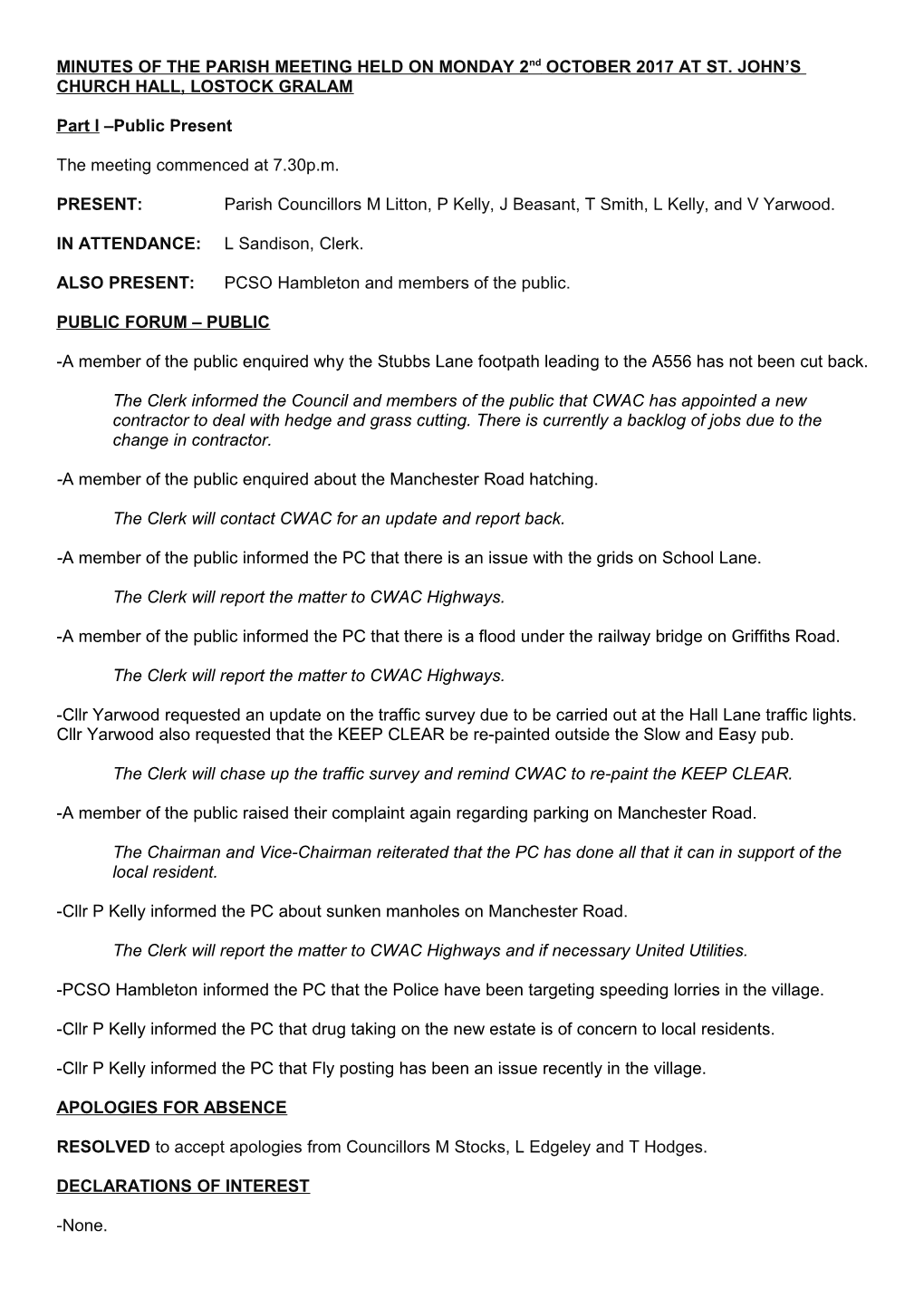 Minutes of the Meeting of Lostock Gralam Parish Council Held on Monday 3 November 2008