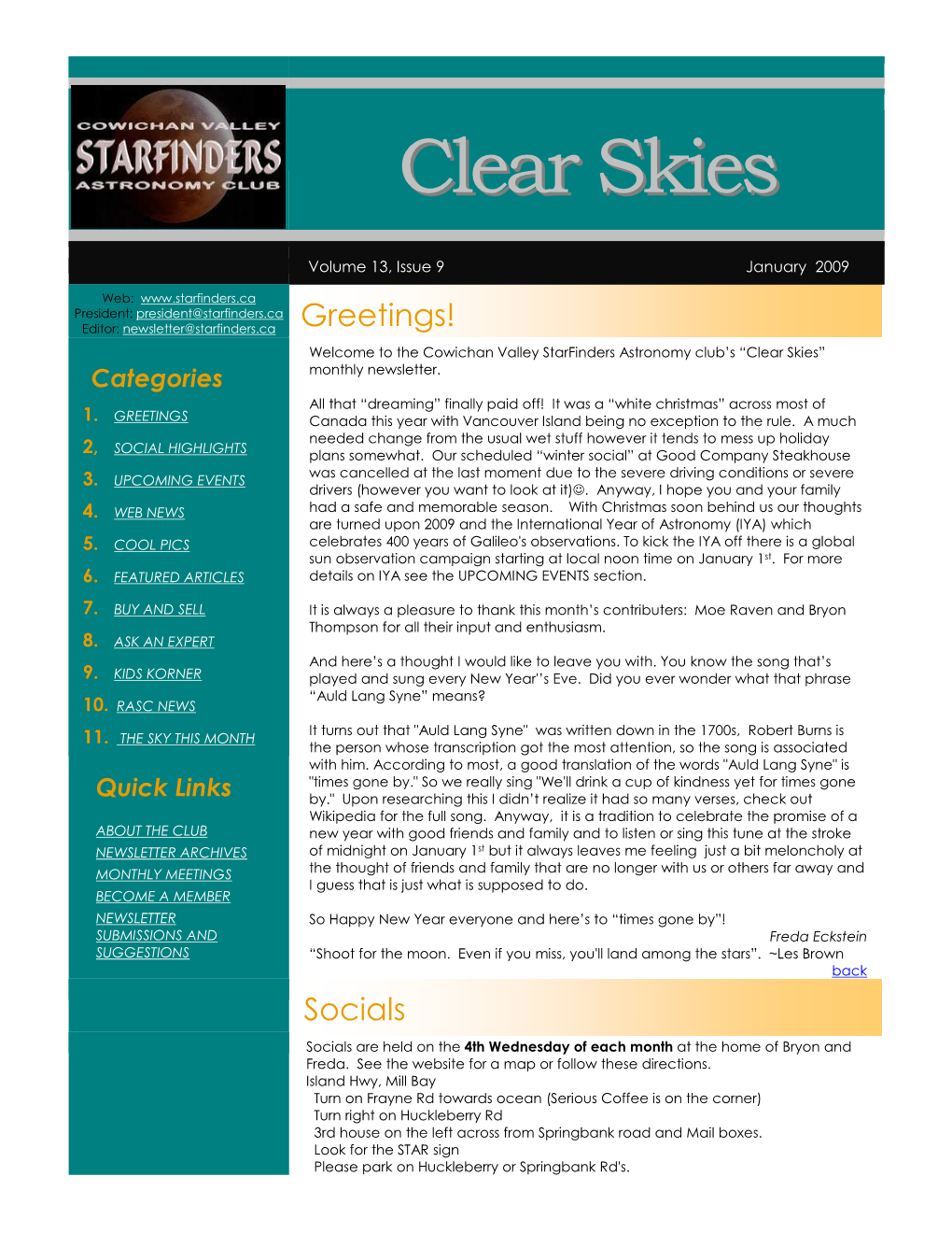 Clear Skies” Monthly Newsletter