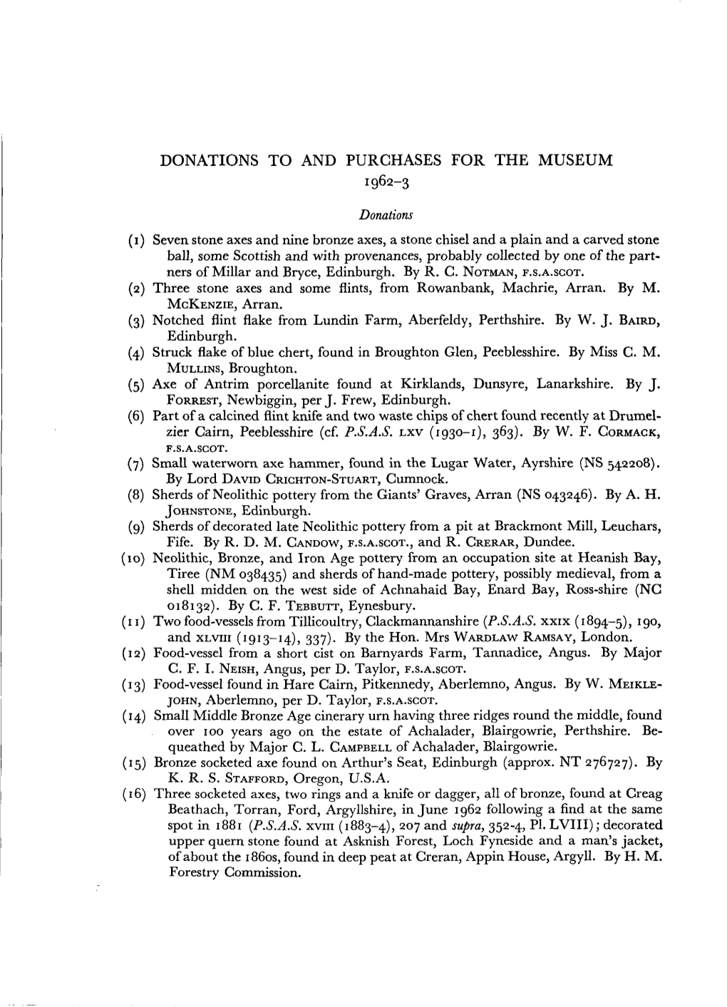 Donations to and Purchases for the Museum 1962-3