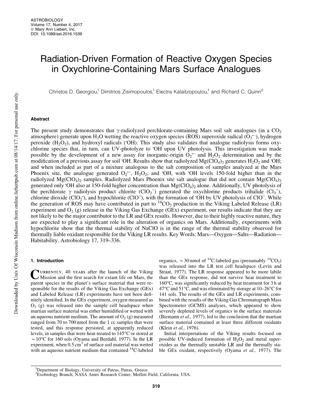 Radiation-Driven Formation of Reactive Oxygen Species in Oxychlorine-Containing Mars Surface Analogues