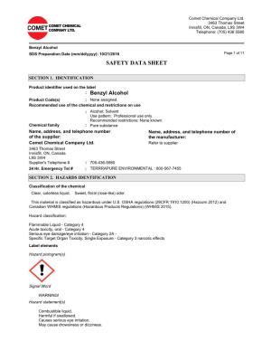 Benzyl Alcohol SDS Preparation Date (Mm/Dd/Yyyy): 10/21/2016 Page 1 of 11 SAFETY DATA SHEET