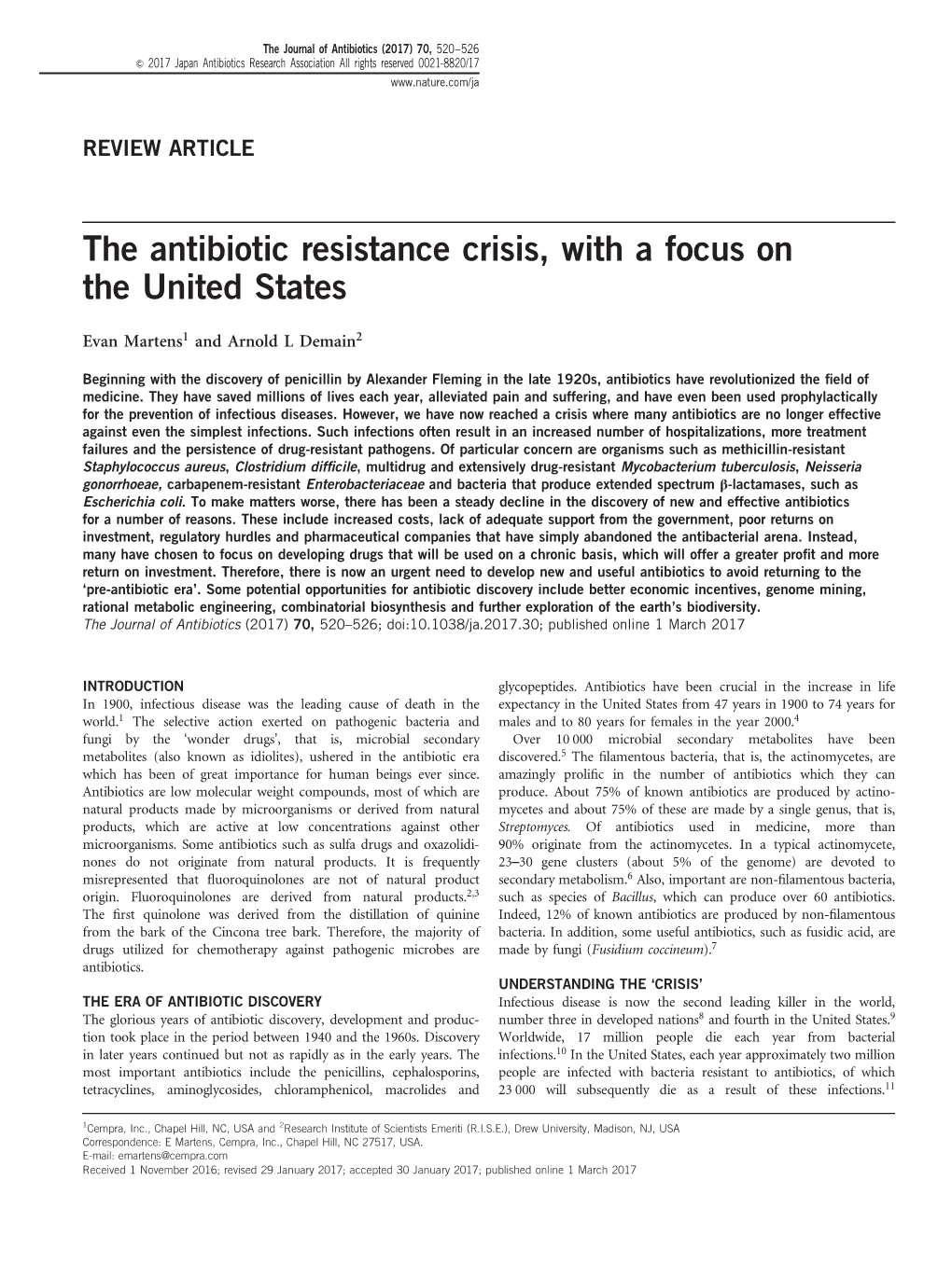 The Antibiotic Resistance Crisis, with a Focus on the United States