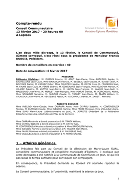Compte-Rendu Conseil Communautaire 13 Février 2017 - 20 Heures 00 a Lapleau
