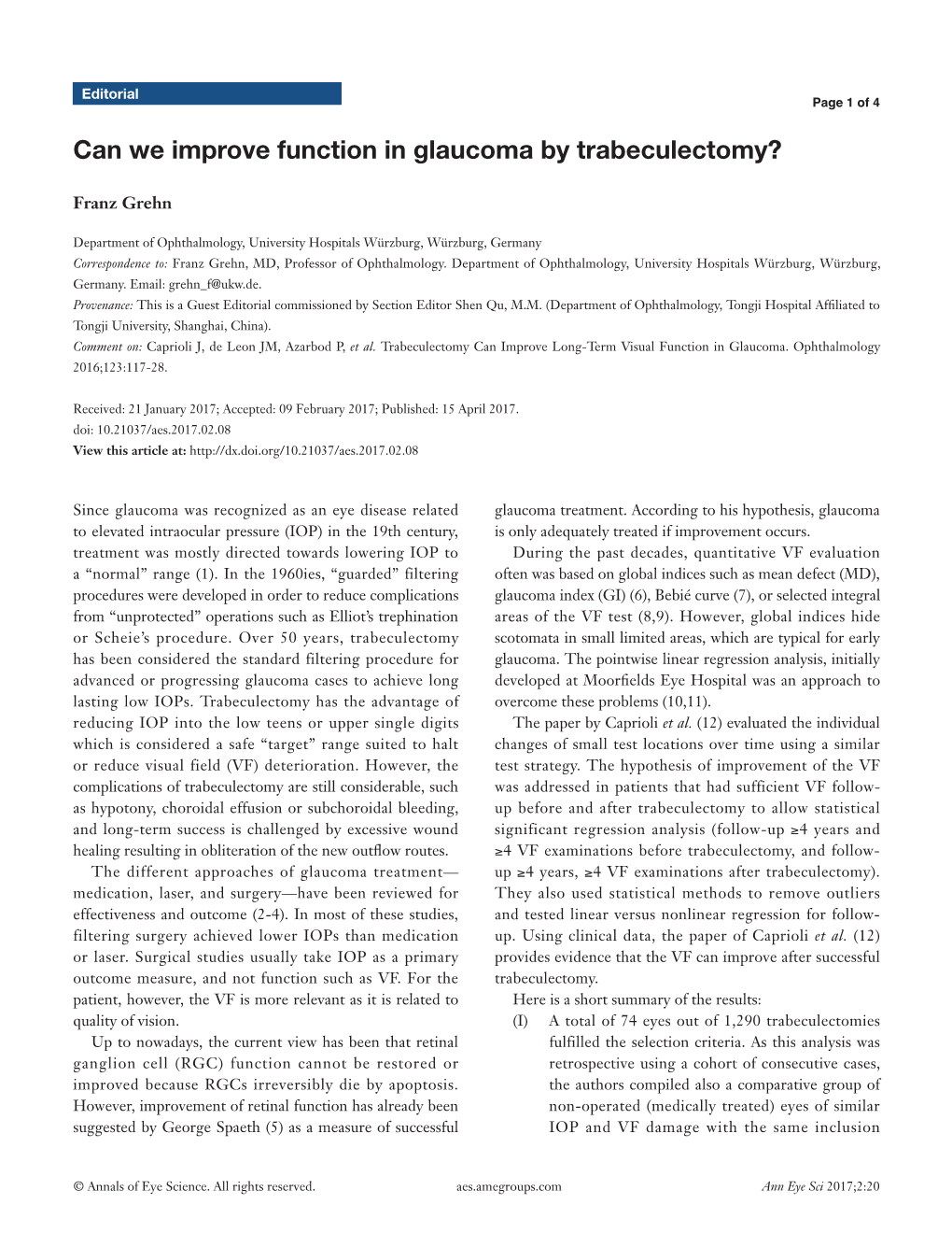 Can We Improve Function in Glaucoma by Trabeculectomy?
