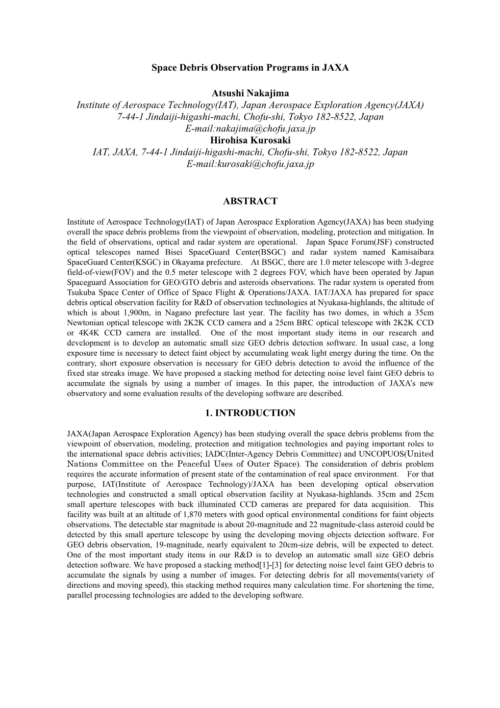 Space Debris Observation Programs in JAXA Atsushi Nakajima Institute