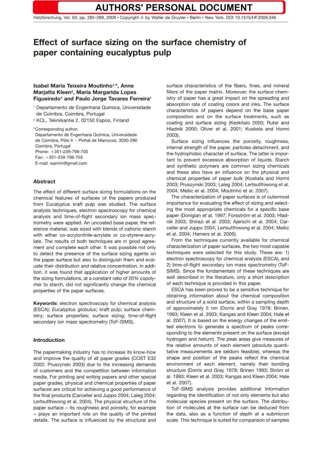 Effect of Surface Sizing on the Surface Chemistry of Paper Containing Eucalyptus Pulp