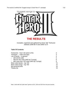 The Results of Unofficial the ”Suggest Songs to Guitar Hero III” -Campaign 1/22