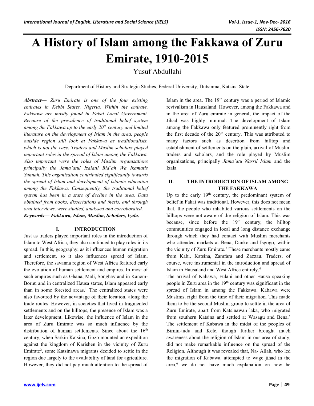 A History of Islam Among the Fakkawa of Zuru Emirate, 1910-2015 Yusuf Abdullahi