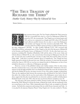 “THE TRUE TRAGEDY of RICHARD the THIRD” Another Early History Play by Edward De Vere