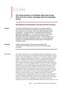 The Energy Question in the Belgian Daily Press During 2010: the Role of Region, Newspaper Type and Newspaper Section