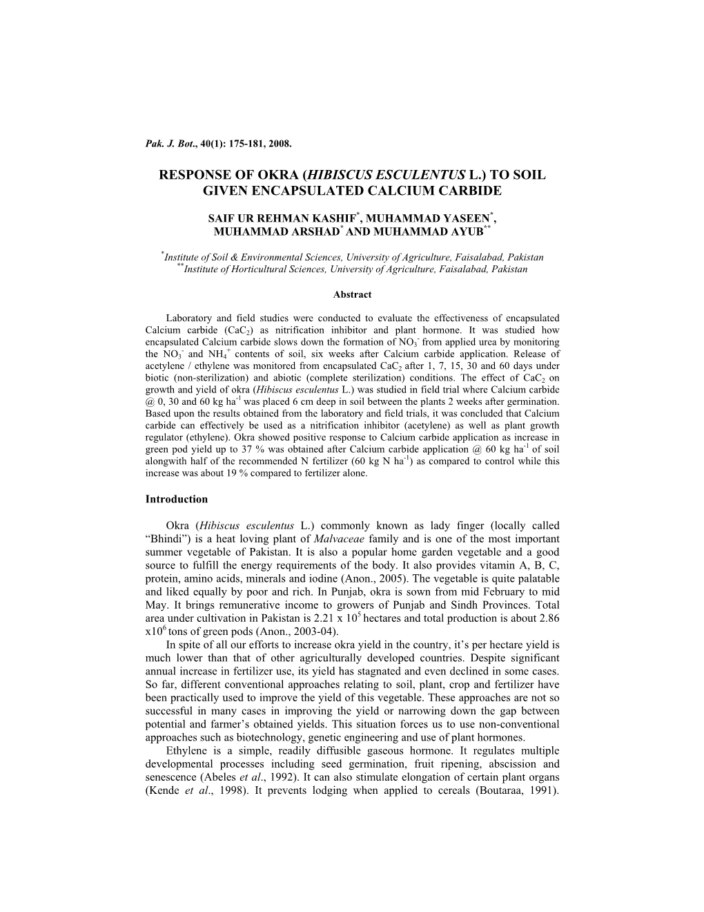 Response of Okra (Hibiscus Esculentus L.) to Soil Given Encapsulated Calcium Carbide