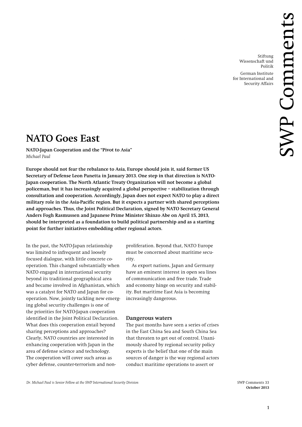 NATO Goes East. NATO-Japan Cooperation and the “Pivot to Asia”