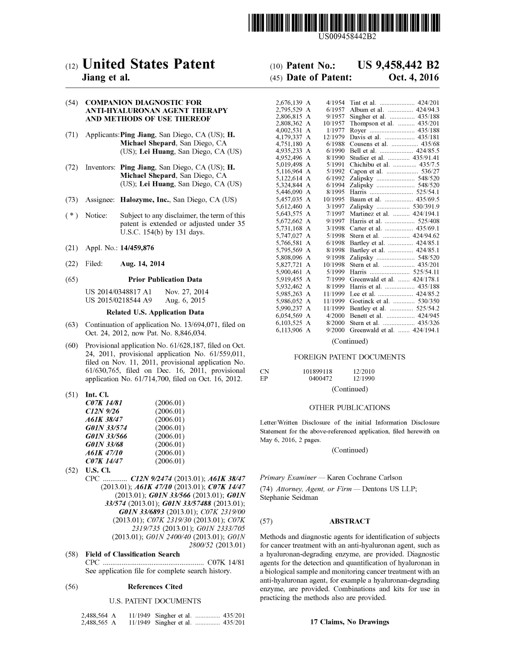 (12) United States Patent (10) Patent No.: US 9,458,442 B2 Jiang Et Al