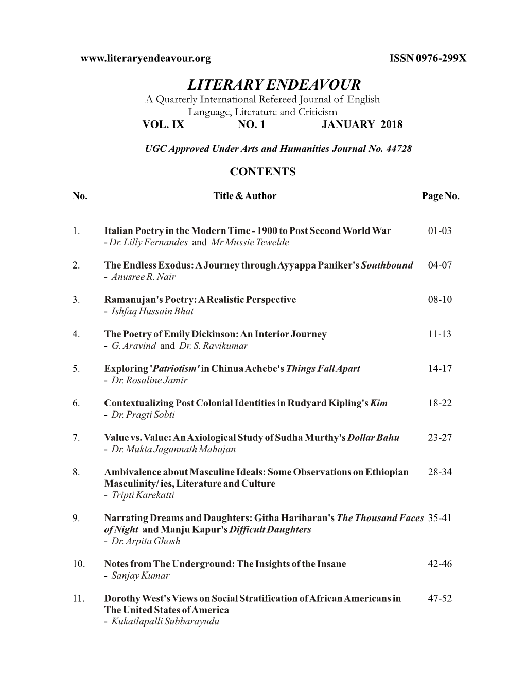 LITERARY ENDEAVOUR a Quarterly International Refereed Journal of English Language, Literature and Criticism VOL